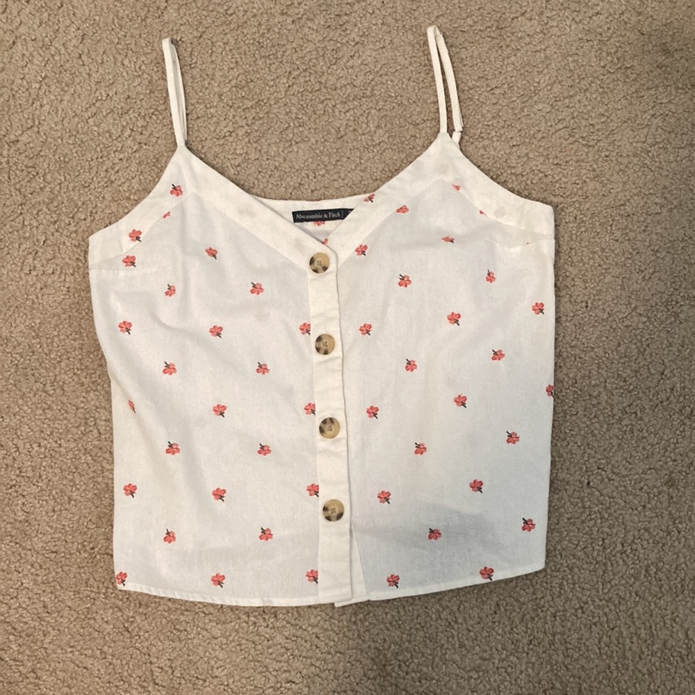 Abercrombie & Fitch Button Down Linen Sleeveless Crop Top Flower Detail Small